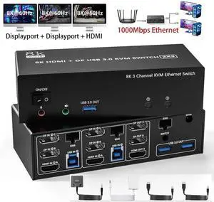 KVM Switch 3 Monitors 2 Computers Share 1000Mbps Ethernet, 8K@60Hz 4K@144Hz 2 Displayport + HDMI USB3.0 KVM Switch Triple Monitor with 3 USB 3.0 Port, Audio & Microphone, Wired Remote included