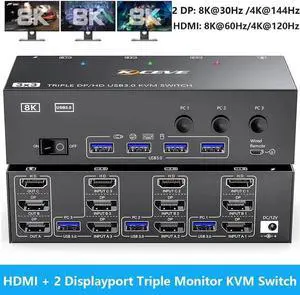 KVM Switch 3 Monitors 3 Computers 8K@60Hz, HDMI + 2* Displayport Triple Monitor KVM Switch with 4 USB 3.0 Ports for Keyboard Mouse Printer, Wired Remote, USB Cable and Power Adapter Included