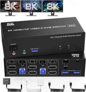 KVM Switch 3 Monitors 2 Computers 8K@60Hz 4K@144Hz, 2 HDMI + DisplayPort USB3.0 KVM Switch Triple Monitor for 2 Computer Share 1000Mbps Ethernet, 3 USB 3.0 Ports, Audio&Microphone, Wired Remote