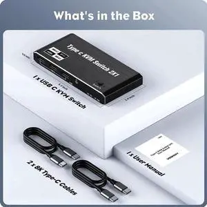 2x1 USB C KVM Switch 8K @60Hz 4K @120Hz, 2-Port Type C to HDMI or DP Monitor KVM Switch for 2 Laptops Share 1 Monitor and 3 USB Devices & 100W Power Delivery, 2 USB-C Cables Included