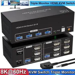 8K@60Hz HDMI KVM Switch 3 Monitors 2 Computers, USB 3.0 Triple Monitor KVM Switcher with 4 USB Ports for 2 PCs Support Extended&Copy Mode, Wired Controller 12V DC Adapter 2 USB Cables Included