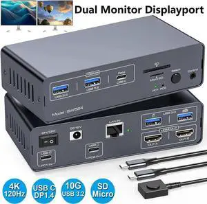 USB 3.2 USB C Displayport KVM Switch Docking Station, 4K@120Hz, Type C + Displayport KVM Switch Dual Monitor Displayport for 1 Laptop 1 Desktop Share 2 Monitors and USB Devices, 13-in-1 Dock