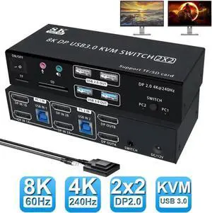 4K@240Hz Displayport KVM Switch 2 Monitors 2 PCs, 8K@60Hz DP2.0 Dual Monitor KVM Switch 2 in 2 Out for 2 Computer Share 2 Monitors, Audio Mic Ports and 4 USB Devices, with SD/TF Card Reader