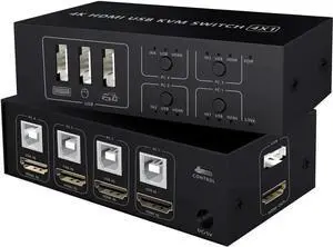 KVM Switch 4 Port HDMI Switcher, 4K @60Hz 4 In 1 Out KVM USB Switch Box for 4 PC Sharing Keyboard Mouse Monitor Compatible with Laptop, PC, PS4, Xbox HDTV