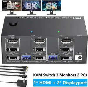 KVM Switch 3 Monitors 2 Computers 8K@60Hz 4K@144Hz, HDMI+2 Displayport Triple Monitor KVM Switch for 2 PC Share 3 Monitor and 4 USB 3.0 Port Keyboard Mouse, with Wired Remote and Power Adapter