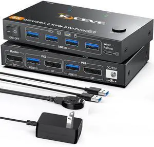 2 Port DP KVM Switch 2 Computer 1 Monitor, DisplayPort USB 3.0 KVM Switch Displayport 2.1 8K@60Hz 4K@144Hz for 2 PC Share One Monitor and Keyboard Mouse, with Wired Remote and Power Adapter
