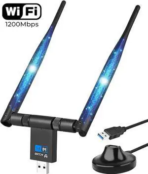 1200Mbps USB WiFi Adapter for PC, USB 3.0 Wireless Computer Network Adapter with 2.4GHz/5GHz High Gain Dual Band 5dBi Antenna, Supports Windows 10/8.1/8/7/XP, Mac 10.6-10.15, Linux