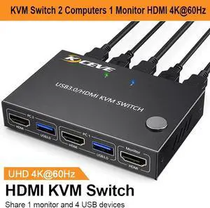 2 in 1 Out HDMI KVM Switch 1 Monitor 2 Computers 4K@60Hz, HDMI KVM Switch for 2 Computer Share 1 Monitor and 4 USB 3.0 Devices, Support Simulation EDID Lock Screen, with Wired Remote Controller