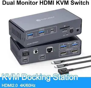 USB C Thunderbolt 3 KVM Switch for Laptop with Dual HDMI Monitor 4K@60Hz, 12 in 1 USB C HUB KVM Docking Station with 10Gbps USB 3.2 Ports 1000Mbps Ethernet Port for 2 Laptop Share 2 Monitors
