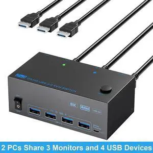 riple Monitor HDMI + 2 Displayport KVM Switch, 8K@60Hz KVM Switches 2 Computer 3 Monitors for 2 PCs Share 3 Monitors and 4 USB Devices, with 2 USB Cables, Power Adapter, Wired Controller