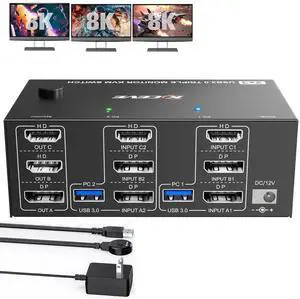 KVM Switch 2 PC 3 Monitors HDMI + DisplayPort 8K@60Hz 4K@144Hz, Triple Monitor KVM Switch for 2 PC Share 3 Monitors and 4 USB 3.0 Devices with 12V Power Adapter,Included Wired Remote Controller