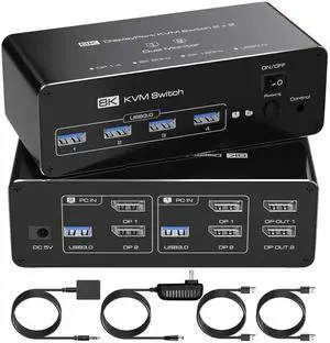 Dual Monitor DisplayPort KVM Switch 2 Monitors 2 Computers 8K@60Hz 4K@144Hz, DP KVM Switches for 2 PCs Share 2 Monitors, 4 USB 3.0 Ports, Supports Extended/Copy Mode with Remote & USB Cables