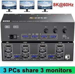 KVM Switch 3 Monitors 3 Computers 8K@60Hz, 1* HDMI + 2* Displayport Triple Monitor USB 3.0 KVM Switches with 4 USB 3.0 Ports for Keyboard Mouse Printer, Wired Remote & Power Adapter included