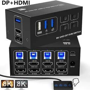 Dual Monitor KVM Switch 4 Computer 2 Monitor - 8K@60Hz 4K@120Hz 4 Port HDMI and Displayport Dual Monitor USB 3.0 KVM Switcher for 4 PC 2 Monitor with 4 USB Ports, with Desktop Controller