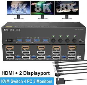 HDMI + 2 Displayport Triple Monitor KVM Switch 3 Monitors 4 PCs 8K@60Hz/4K@144Hz KVM Switches with 4 PCs Share 3 Display & 4 USB 3.0 Devices, Wired Remote, Power Adapter, USB3.0 Cables Included