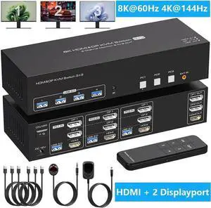 8K@60Hz 1 HDMI + 2 Displayport KVM Switch 3 PC 3 Monitors, 4K@144Hz Triple Monitor KVM Switcher for 3 Computers Share 3 Monitors and 4 USB 3.0 Devices with 3 USB Cable and DC12V Adapter