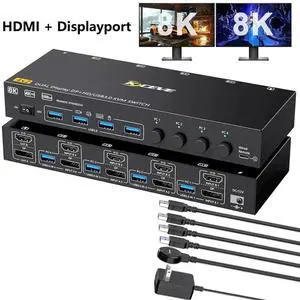 HDMI + Displayport KVM Switch 4 Computers 2 Monitors, 8K@60Hz 4K@144Hz, USB 3.0 Dual Monitor KVM Switches for 4 PC Share 2 Monitors and Keyboard, Mouse and Printer, with Wired Remote