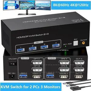HDMI + 2 Displayport Triple Monitor KVM Switch 8K@60Hz 3 Monitors 2 Computers, 4K@120Hz USB 3.0 DP KVM Swticher for 2 PC Share 3 Monitors and 4 USB Devices, Support Extended & Copy Mode