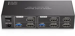 2x2 HDMI KVM Switch Dual Monitor 2 Computers Support 4K@60Hz, USB 3.0 KVM Switches Share Dual Monitors and 4 USB 3.0 Ports Support Extended/Copy Mode with DC 12V Adapter & Wired Controller