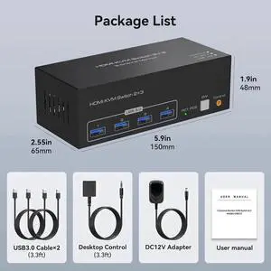 8K Triple Monitor HDMI KVM Switch 3 Monitors 2 Computers 4K@60Hz KVM Switches with 4 USB 3.0 Ports for 2 Computers Sharing Triple Monitor and 4 USB 3.0 Devices Support Extended & Copy Mode