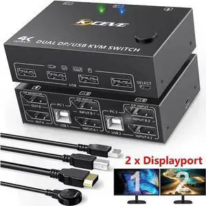 Dual Monitor Displayport KVM Switch 2 Computer 2 Monitors, 2 Ports DP1.4 8K@30Hz 4K@120Hz Displayport USB KVM Switcher for 2 Computers Share Keyboard, Mouse and Monitor, Wired Remote included