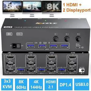 KVM Switch 3 Monitors 3 Computers 8K@60Hz, HDMI + 2* Displayport Triple Monitor KVM Switches for 3 Computers Share 3 Monitors and 4 USB 3.0 Devices, Wired Remote and 12V power adapter Included