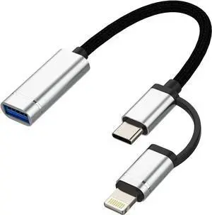 OTG Cable Adapter(2in1) USB 3.0 Female to USB C Lightning Male Converter Type Thunderbolt Port Cord Dongle Camera Mouse Compatible for Samsung LG Apple iPhone 15 Pro Max iPad Air 14 13 11 12 X 8