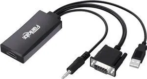 VGA to HDMI Adapter with Audio (PC VGA Output Source to TV/Monitor with HDMI Input Display) VGA Male to HDMI Female Converter for Monitor 1080p VGA HDMI Adapter USB Powered