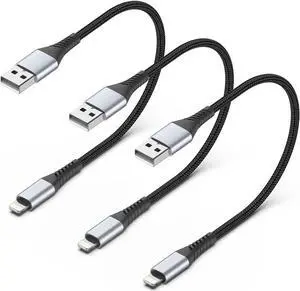 1FT Short iPhone Charging Cable 3 Pack USB to Lightning Cable 1 Foot iPhone Charger Cord Fast Charging Braided for Apple iPhone 14 13 12 11 Pro Max Mini 10 8 7 Plus XR XS MAX SE iPad Air Mini (Black)