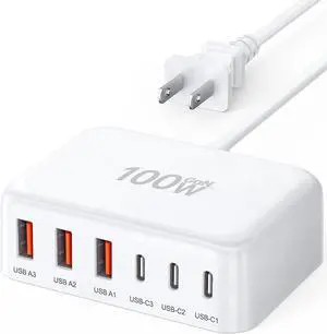 USB C Fast Charger 100W GaN 6 Port Type USB C Charging Station Hub Block Cube USB C Wall Charger Power Strip Adapter Plug for iPad iPhone 16 15 14 13 12 Pro Max Pixel Note Galaxy 5ft Cord