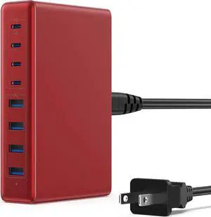 200W USB C Charger GaN III 8-Ports USB C Charger Block QC4.0 Fast Phone Charging Station Hub+PD 65W USB C Laptop Charger Adapter Compatible with MacBook Pro/Air iPhone 16/15 iPad Steam Deck-Red