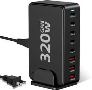 USB C Charger Block 320W 8 Port GaN Fast Charging Station Hub 100W PD Laptop Charger with 5ft Cord for MacBook Pro/Air XPS iPhone 15/14 Galaxy S23 iPad Pro/Air