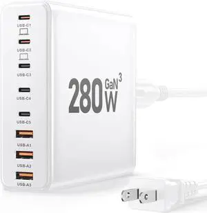 280W USB C Charger Block 8-Port USB C Charging Station GaN III PD 65W Laptop Charger Adapter Compatible with MacBookPro/Air iPad Portable Charging Station for iPhone Galaxy (White)