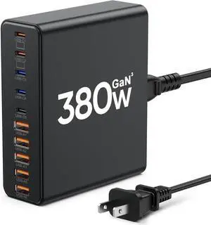 380W USB C Charger 10-Port USB C Charging Station GaN III Fast Charging Station Hub Laptop Adapter for MacBook Pro/Air iPad iPhone XPS Galaxy (Black)