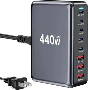 440W Fast USB C Charger GAN Charger Block 8 Port Charging Station HUB Brick Dual PD PPS 100W Wall Charger Compatible with MacBook Pro/Air/All iPad iPhone 16/15/14/13/Pro Max