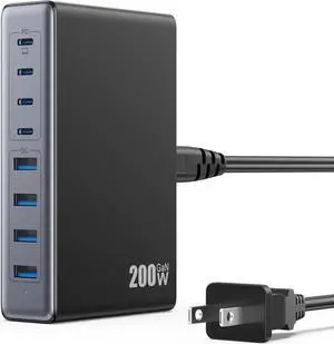 200W USB C Charger Block GaN III USB Charging Station 8 Ports QC4.0 Fast Charging Station Hub+PD 65W USB C Laptop Charger Adapter Compatible with MacBook Pro iPhone 16/15 iPad Steam Deck-Black
