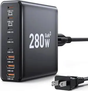 280W USB C Charger Block 8-Port USB C Charging Station GaN III PD 65W Laptop Charger Adapter Compatible with MacBookPro/Air iPad Portable Charging Station for iPhone Galaxy (Black)