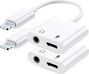 2 Pack Mfi Certified Lightning to 3.5 mm Headphone Jack Adapter for iphone Dongle Aux Cord 2 in 1 Charger and Aux Audio Splitter Adapter Compatible with iphone 14 13 12 11 X