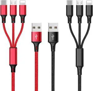 Multi Charging Cable 4ft 2Pack Multi Phone Charger Cable Braided Universal 3 in 1 Charging Cord Extra Long Multiple USB Cable with USB C Micro USB Port Connectors for Cell Phones and MoreRed+Black)
