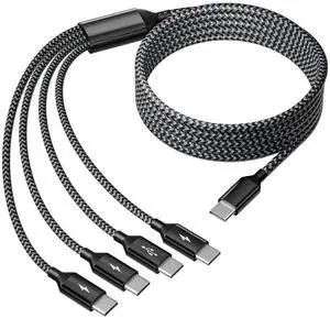 USB C Splitter Multi Charging Cable Dual Type C Charger Cord 4 in 1 Multiple Nylon Braided Cable with 4 Type-C Connectors Compatible with iPhone 15 Pro Max/ Galaxy/Tablets/Google-1Pack 5FT.