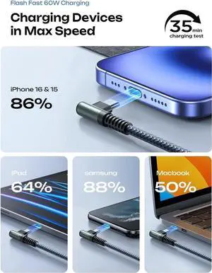 USB C Cable to USB C 60W 2-Pack 6.6ft Nylon Braided Type C Charger Fast Charging Right Angle USBC to USBC Cable Charger Cord for Nintendo Switch 2 iPhone 16 Pro Max S25 Ultra iPad Pro