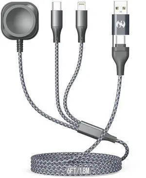 Multi Charging Cable for Watch Charger 6FT Nylon Braided USB Lightning Type C USB C Cord iWatch Magnetic Wireless Charger 3 in 1 Charging Wire for iPhone Android Phone and iWatch