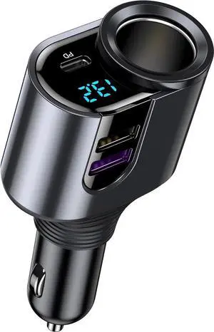 USB C Car Charger Cigarette Lighter Adapter 12V/24V Socket Splitter with 3 USB Ports Type C PD Fast Car Charger Compatible for iPhone Galaxy iPad GPS