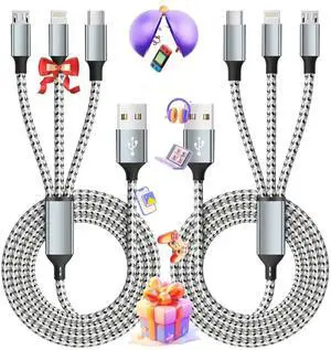 Multi Charging Cable (2 Pack 4FT) Multi USB Charger 3 in 1 Charging Cable Nylon Braided Fast Charging Cord with Type-C Micro USB IP Port for Most Phones/iPhones/Tablets