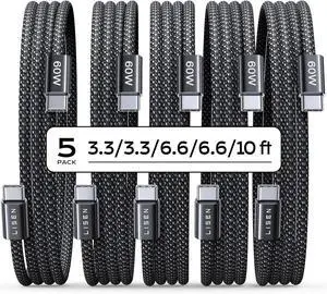 USB C Cable 5-Pack [3.3/3.3/6.6/6.6/10FT] USBC to USBC Cable for iPhone 16 15 Pro Max Car Charger 60W (3.1A) C to C Cable Fast Charging for S24/23 iPad MacBook Air/Pro USBC Charger