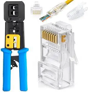 Bundle 2 Items: RJ45 Crimp Tool + RJ45 Cat6 Pass Through Connectors and Strain Relief Boots - Pack of 50/50