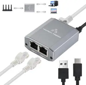 Ethernet Splitter 1 to 2, 1000Mbps High Speed Gigabit Network Switch with USB-C Power Cable, 2 Port LAN Internet Splitter for PC Laptop PS5 Xbox Router TV, 2 Devices Simultaneously Networking