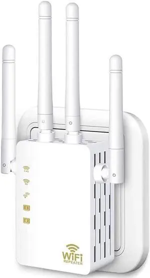 AC1200 Dual Band WiFi Range Extender, Repeater / Access Point / Router / Media Bridge with 4 High Gain External Antenna 1200Mmbps Wifi Booster, 802.11AC, WPS Easy Set Up, WPA, WPA2, Wall Plug