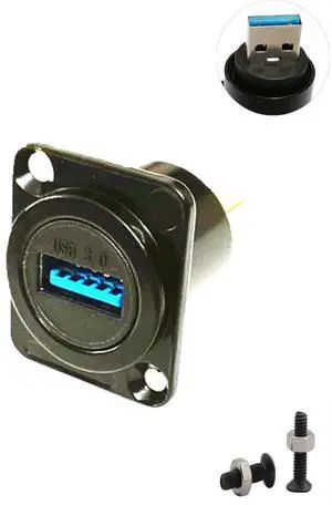 USB3.0 D Type Panel Mount Adapter Male to Female Connector Straight Through Panel Socket for USB Extension Data Transfer 5Gbps Charging Black