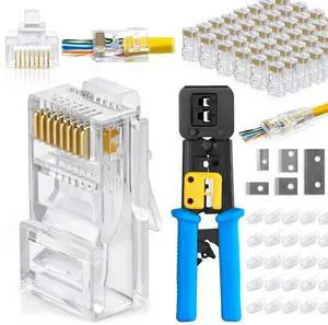 Bundle - 2 Items : RJ45 Crimping Tool Kit + RJ45 Cat6 Pass Through Connectors - Pack of 200